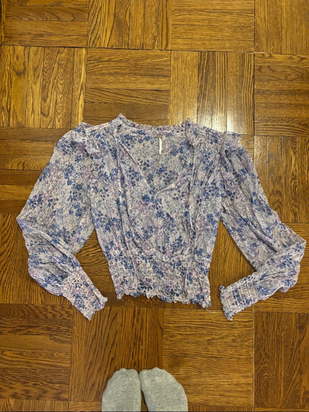 Free People Floral Smocked Waist Long-Sleeve Top in Lavender Blue